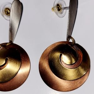 New Dangle Earrings, Brass, Silver Metal, and Copper Swirl w/Post